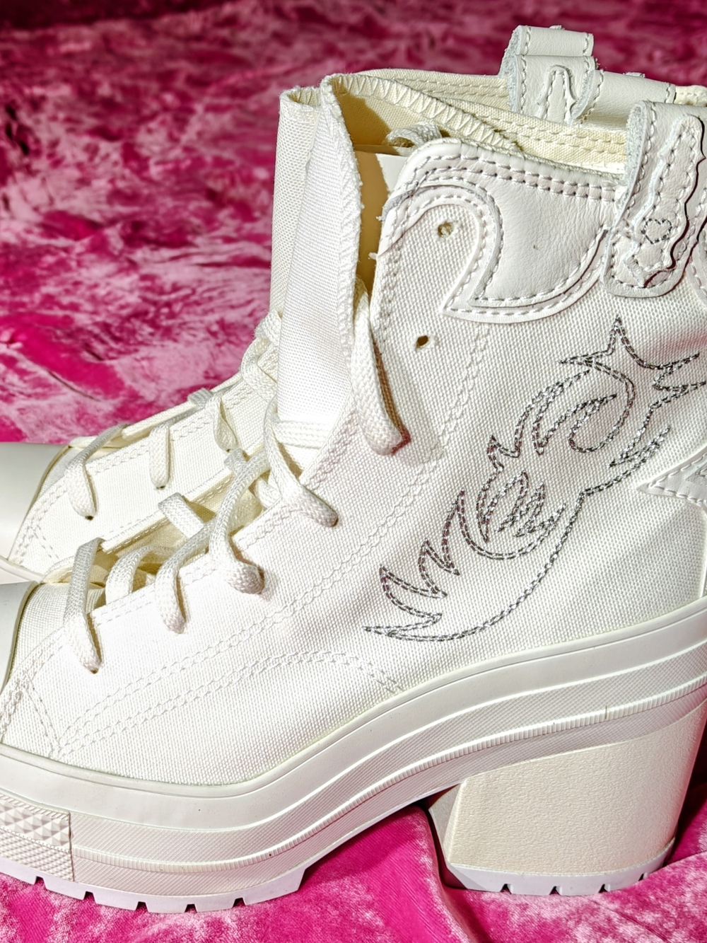 Converse White Platform Lace-Up Heeled Boots with Embroidered Western Detailing